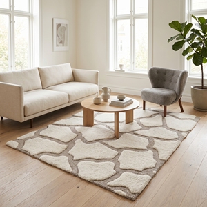 Tapis de salon rectangulaire moderne à poils longs géométriques, gris ivoire, en laine et acrylique tufté, avec envers antidérapant en latex - Product Image 3