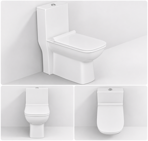 WC monobloc contemporain en céramique allongé, à poser au sol, avec siphon en S, chasse d'eau Tornado et double chasse pour salle de bain - Product Image 3