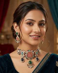 Gargantilla Polki Multicolor, Joyería India de Diseño para Bodas, Collar y Pendientes Tradicionales Kundan, Chapado en Oro, Estilo Bollywood Étnico - Product Image 2