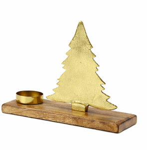 Wholesale Handcrafted Gold Aluminium Christmas Tree <b>Tea</b> Light Candle Holder With Rustic Mango Wood Base For Festive Home Decor - Product Image 4