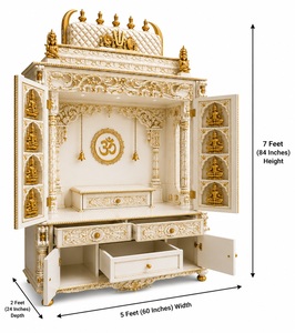 Mandir de madera de teca blanca dorada Ashtalakshmi, gabinete de lujo blanco y dorado tallado a mano, templo hindú para el hogar con puertas para EE. UU. - Product Image 3