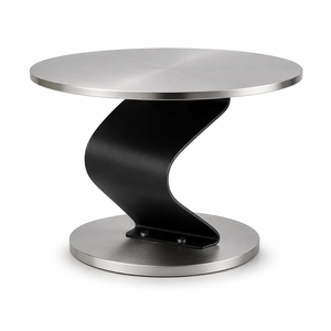 Table d'appoint ronde moderne en acier inoxydable avec un plateau et une base circulaires élégants et un support sculptural en métal noir lisse - Product Image 1