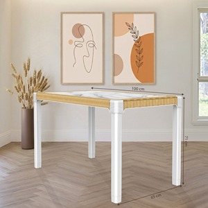 Nandos <b>Dining</b> <b>Table</b> 100x65x71cm <b>Rattan</b> Pattern Marble Look Top White Legs Household Use - Product Image 2