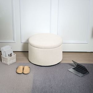 Pouf Contenitore Rotondo da 24 Pollici in Velluto a Coste Beige con Coperchio, Poggiapiedi e Panca per Casa, Ufficio, Soggiorno, Camera da Letto - Product Image 2