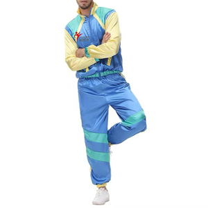 Ensemble de survêtement pour homme à blocs de couleur, manches longues, col montant, fermeture éclair, deux pièces sportives, bleu, jaune, vert, avec bordure contrastante - Product Image 4