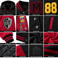 Veste universitaire à capuche personnalisée en gros, avec patchs en chenille, style Letterman, noir et bordeaux, style baseball bomber streetwear