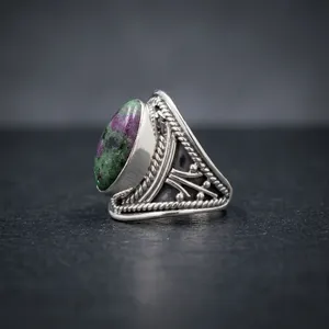 925 Sterling Silver Ruby Zoisite Gemstone Ring Handmade Oval Stone Bezel Set Bohemian Geometric Design Unisex Everyday Wear - Product Image 3