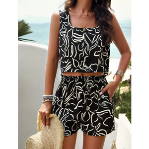 Ensemble de mode d'été pour femmes, deux pièces, chemise décontractée et short, léger, respirant, élégant, tenue de plage pour les vacances, décontracté - Product Image 3