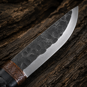 Couteau à lame fixe en acier carbone martelé artisanal avec manche en cuir tressé, couteau de chasse et de camping en plein air - Product Image 4