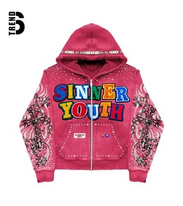 Sweat-shirt unisexe personnalisé d'hiver à fermeture éclair, coupe oversize, manches évasées, court, effet usé, en molleton épais, délavé à l'acide, avec strass - Product Image 2