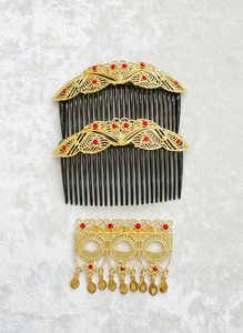 Peineta de Pelo Vintage Chapada en Oro Hecha a Mano, Ecológica, Impermeable, Elegante y Moderna, con Diseño de Flores y Mini Piedras Rojas, para Novias - Product Image 4