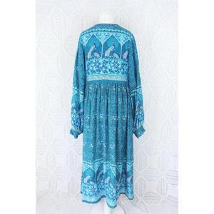 Robe longue bohème florale turquoise pour femme, coupe ample, manches longues, imprimé vintage, pour plage, soirée, streetwear, naturelle, écologique, teinte unie - Product Image 4