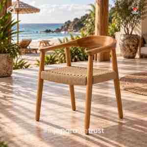 Chaise de salle à manger moderne en teck massif avec assise en corde tressée, fauteuil scandinave pour restaurant, hôtel, villa - Product Image 1