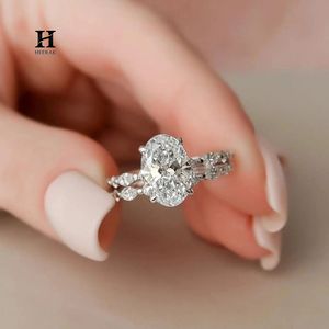 Anillo de compromiso de lujo con diamante cultivado en laboratorio de corte ovalado, conjunto de oro blanco de 14K con racimo de marquesa y redondo, apilable para novia - Product Image 2