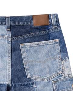 Shorts en jean patchwork bleu personnalisés pour hommes, style cargo, design multi-panneaux, tenue décontractée d'été, fermeture boutonnée - Product Image 6