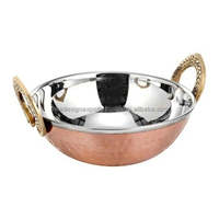 Bol de service indien en acier et cuivre, Karahi marbré en acier inoxydable, vaisselle de service indienne, Kadai avec poignées en laiton