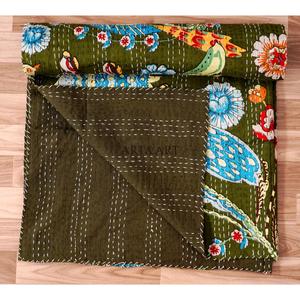 Couvre-lit Rajasthani fait main en Kantha, 100% coton, imprimé à la main, motif floral, poids du tissu 220g, origine Rajasthan - Product Image 5