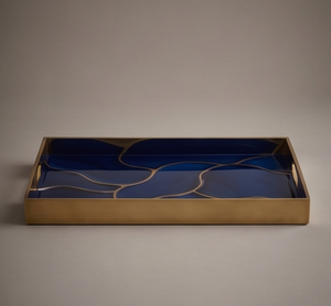 Plateau de service rectangulaire en métal émaillé bleu, motif agate veinée or, poignées découpées, pour table basse de salon, plat à nourriture - Product Image 1