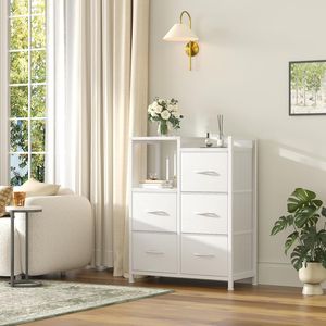Cómoda Blanca Moderna de 5 Cajones con Estante de 2 Niveles, Estructura Metálica Resistente y Armario de Tela, Almacenamiento para Dormitorios Pequeños - Product Image 4