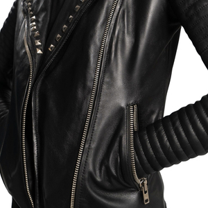 Chaqueta de Motociclista de Cuero Genuino Negro para Mujer, con Cierre de Cremallera y Tachuelas - Product Image 6