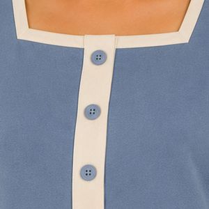 Conjunto de dos piezas de pantalones cortos para mujer en azul piedra y gris, top con cuello cuadrado y botones, estampado de pájaros coloridos, ropa informal de verano de algodón para estar en casa. - Product Image 5