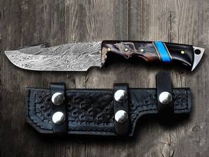 Damascus Steel Drop Point Hunting Knife With Wood Handle Blue Inlay Non Adjustable Blade Outdoor Survival <b>Tool</b> - Product Image 2