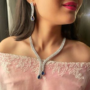 Kate V Line Sapphire Blue Bridal Jewelry Set with 18K Gold Plated Zircon Earrings - Product Image 1