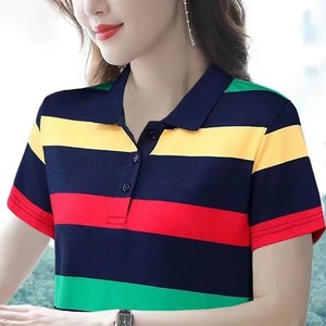 Women Striped Polo <b>Shirt</b> Short Sleeve Color Blocked Casual Knitted Top Pink Green Yellow Loose casual <b>boho</b> tees 5XL plus size - Product Image 5