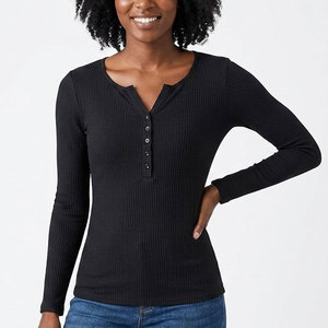 Women's Ribbed Henley Long Sleeve <b>Top</b> Snap Button Notch Neck Slim Fit Stretch Knit Custom OEM Wholesale Factory Price - Product Image 1