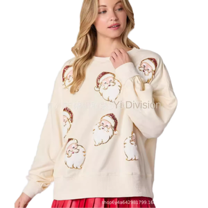 Sweat-shirt surdimensionné pour femme, imprimé et brodé Père Noël, en coton tricoté, col boutonné, manches longues, haut décontracté automne-hiver - Product Image 1