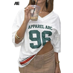 Camiseta de Fútbol de Malla Personalizada para Mujer, Cuello en V, Top Deportivo Oversize, Ropa Deportiva con Número Brillante, Proveedor OEM ODM - Product Image 1