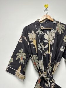 Tropical Cotton Eco-Friendly Ankle-Length Natural Waist Kimono Robe V-neck Beach Cover Vacation Lightweight Women <b>Dress</b> Poolside - Product Image 1