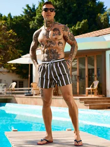 Swim Trunks for <b>Men</b> Drawstring Waist Security Pockets Lightweight stretch Letter <b>patches</b> stripes for Resort Casual Beach - Product Image 5