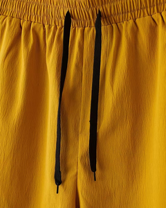 Men's Solid Color Short Sleeve Shirt Shorts Set Breathable Woven Casual Summer Wear Yellow Drawstring Pants Outfit - Product Image 5