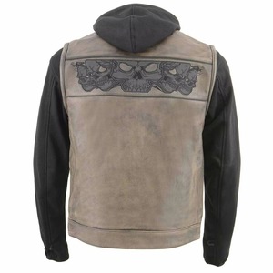 Men Genuine Leather Motorcycle <b>Jacket</b> Hooded Zipper Closure Skull Embroidery <b>Fleece</b> <b>Lining</b> Distress Finish Autumn Riding - Product Image 3