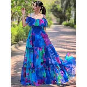 Vestido Largo de Verano para Mujer, con Hombros Descubiertos, Estampado, Cintura Natural, Volantes en Capas, para Fiesta o Playa - Product Image 2