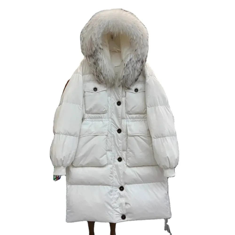 Пальто на утином пуху с мехом 2024 и капюшоном, водонепроницаемая зимняя женская Европейская длинная куртка-пуховик, Женская парка из непромокаемых перьев