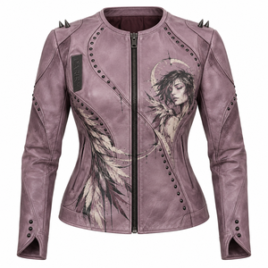 Dusty Pink <b>Women</b> Genuine Leather Biker Jacket Custom Feathered Angel Print Curved Seam Spiked <b>Outerwear</b> Manufacturer - Product Image 1