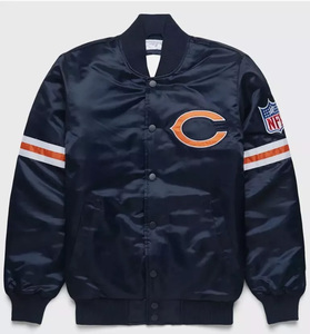 Chaqueta Varsity Personalizada de Satén Azul Marino para Hombre, Chaqueta Bomber con Ribete Naranja en Contraste y Letra C, Ropa Deportiva de Béisbol al por Mayor - Product Image 1