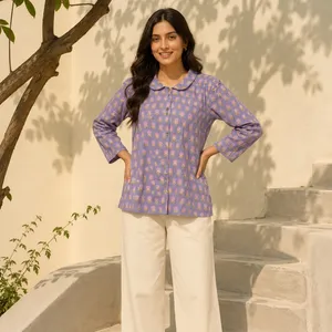 Camisa de Algodón para Mujer con Estampado Floral, Manga Tres Cuartos, Estilo Casual, Corte Regular, Estilo India-Pakistán, para Todas las Temporadas - Product Image 4