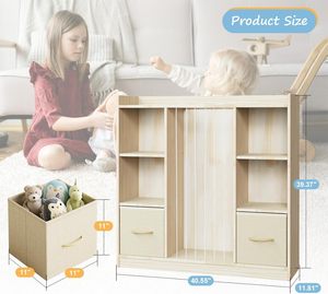 Meuble de rangement multifonctionnel en bois pour enfants avec 2 bacs en tissu et fentes verticales – Étagère haute pour jouets d'enfants pour la maison - Product Image 4