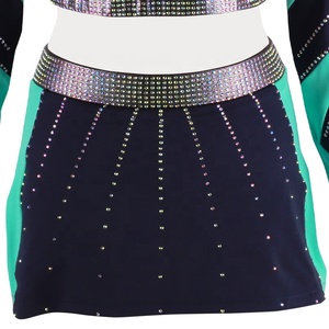 Uniforme de Porristas de Manga Larga con Hombros Descubiertos, Spandex, Logotipo Frontal con Pedrería, Azul Marino y Verde Azulado, Conjunto de Dos Piezas - Product Image 3
