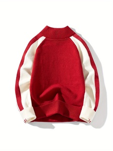 Pull en maille rouge pour homme, col montant, coupe classique, couleur unie, style sportif, idéal pour l'hiver - Product Image 2