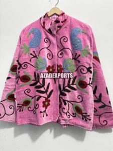 Pink <b>Velvet</b> Sheep Skin Embroidered Blazer Mandarin Collar Full Sleeve Handwork <b>Women's</b> Autumn Winter <b>Jacket</b> - Product Image 2