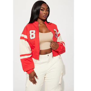 Red And <b>White</b> Varsity <b>Jacket</b> With Embroidered Logo Zipper Front Turn Down Collar Sporty Style <b>Short</b> Length Varsity <b>Jacket</b> - Product Image 4