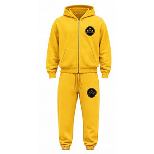 Ensemble de survêtement jaune à capuche 100% coton avec fermeture éclair intégrale, poche avant et patch brodé appliqué 480 g/m² - Product Image 3