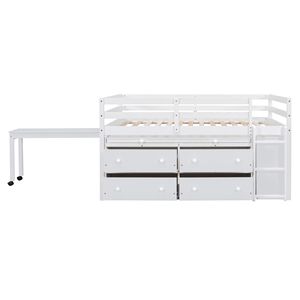 Letto a Soppalco in Legno Bianco con Scrivania Retrattile e 4 Cassetti, Mensole Laterali Portatili per Bambini - Product Image 4