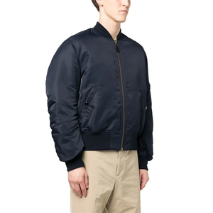 Men's Navy Bomber <b>Jacket</b> Stand Collar <b>Zipper</b> Casual Autumn Wear Polyester Windproof Solid Color Regular Fit - Product Image 3