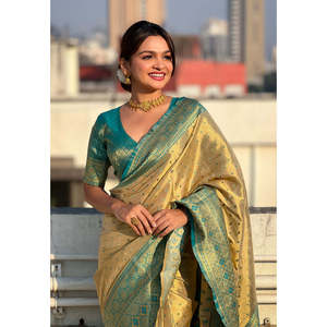 Sari Chickoo de tejido puro Zari con tejidos en contraste para atuendos de fiesta - Product Image 3