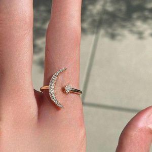 Bague ajustable en or massif avec diamant rond blanc cosmique, pavé de lunes et étoiles, cadeau d'anniversaire, bijoux fins, luxe premium pour femmes - Product Image 2